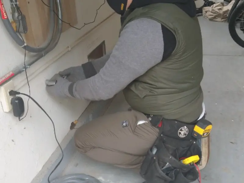 Electrician performing outlet wiring in a Delta garage